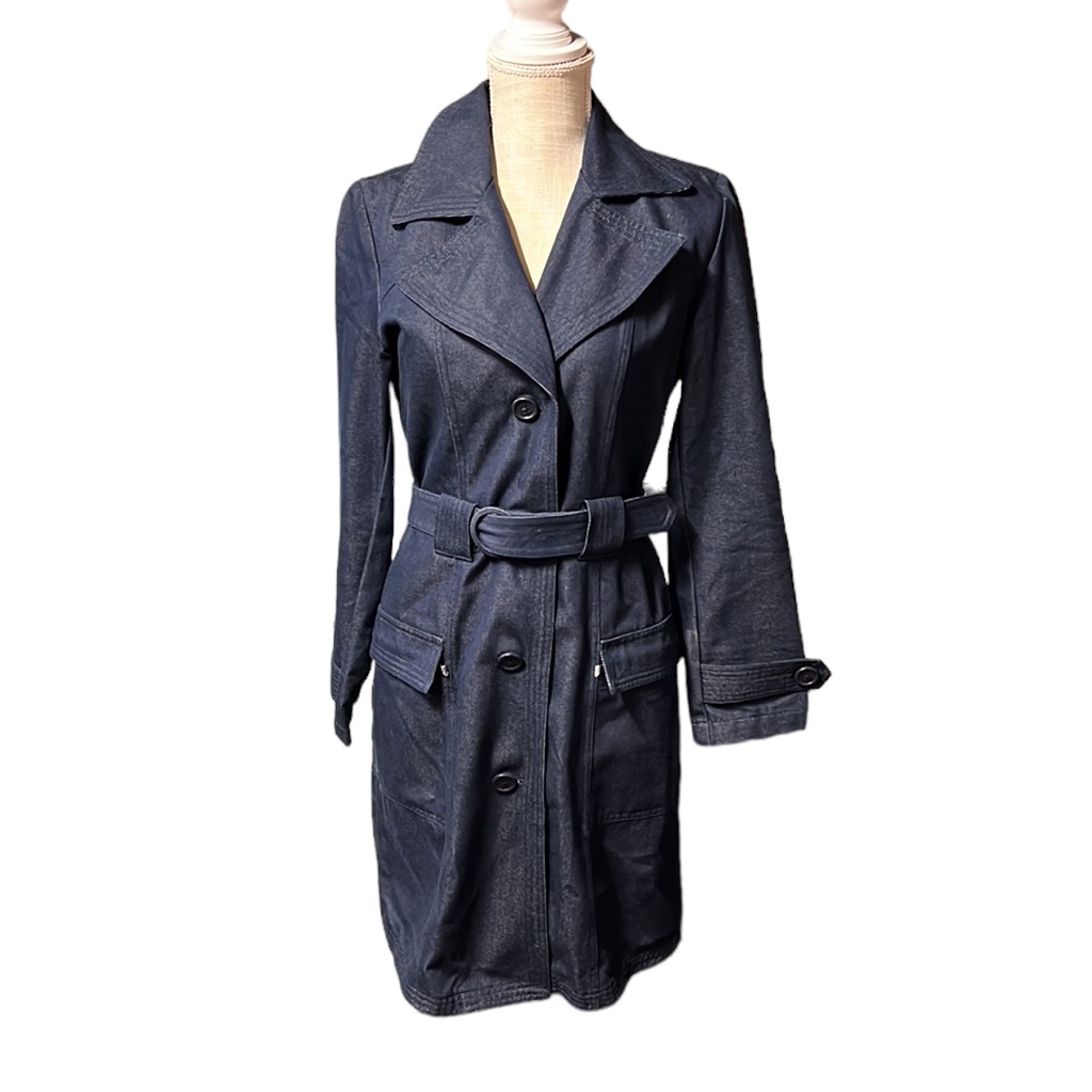 Gap Long Sleeve Trench Coat Jacket Denim Button Up Blue Womens Size Xs